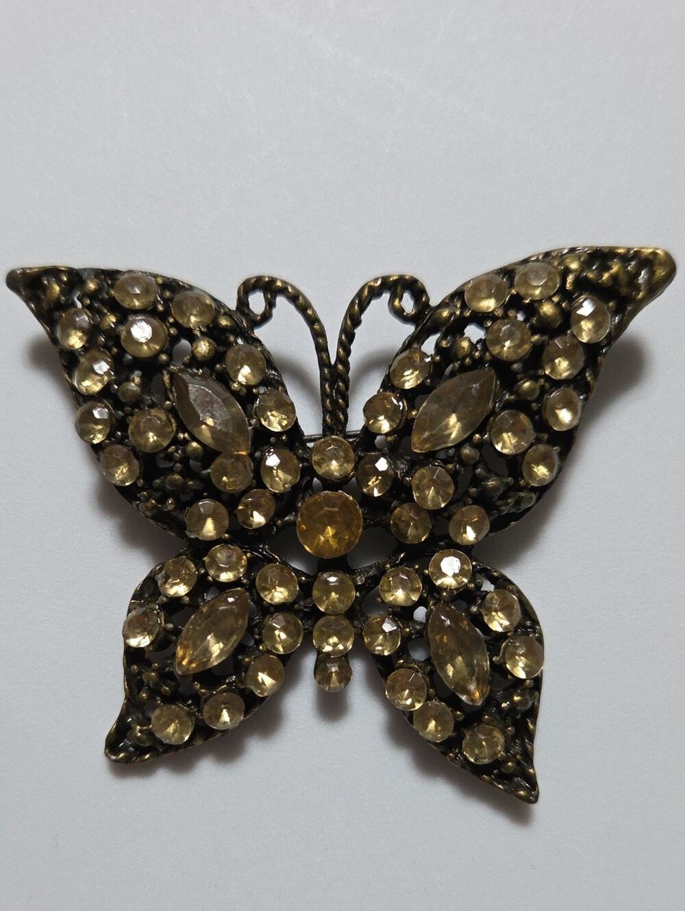 Vintage Large Rhinestone Butterfly Brooch Pin Brass Tone Figural Statement